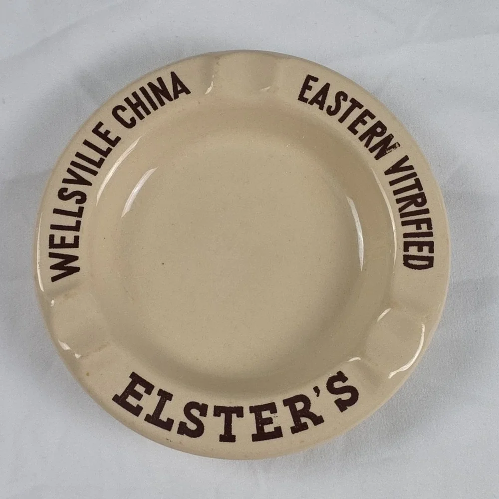 Vintage Ceramic Ashtray Wellsville China Elster's Eastern Vitrified Advertising